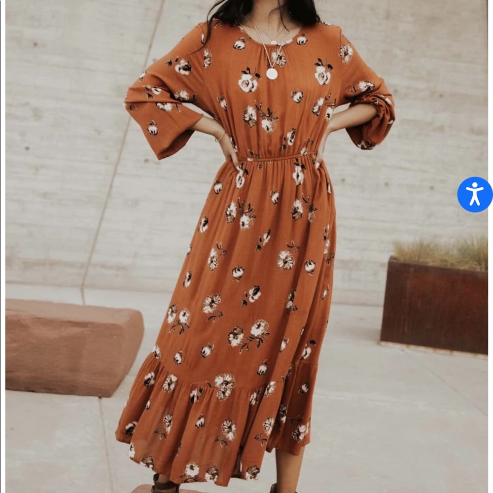 COPY - Floral mustard colored long sleeve midi dr…